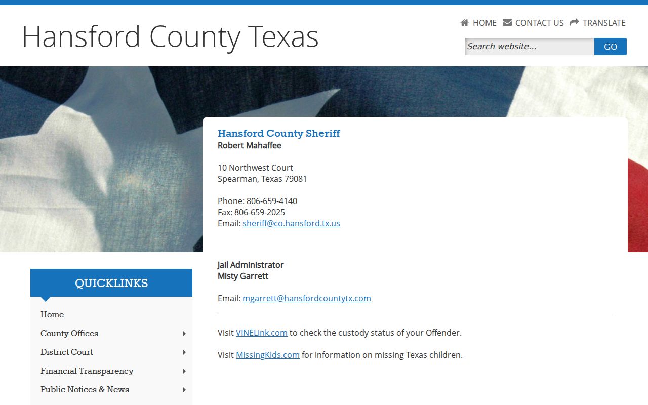 Hansford County arrest search sheriff and jail contact page
