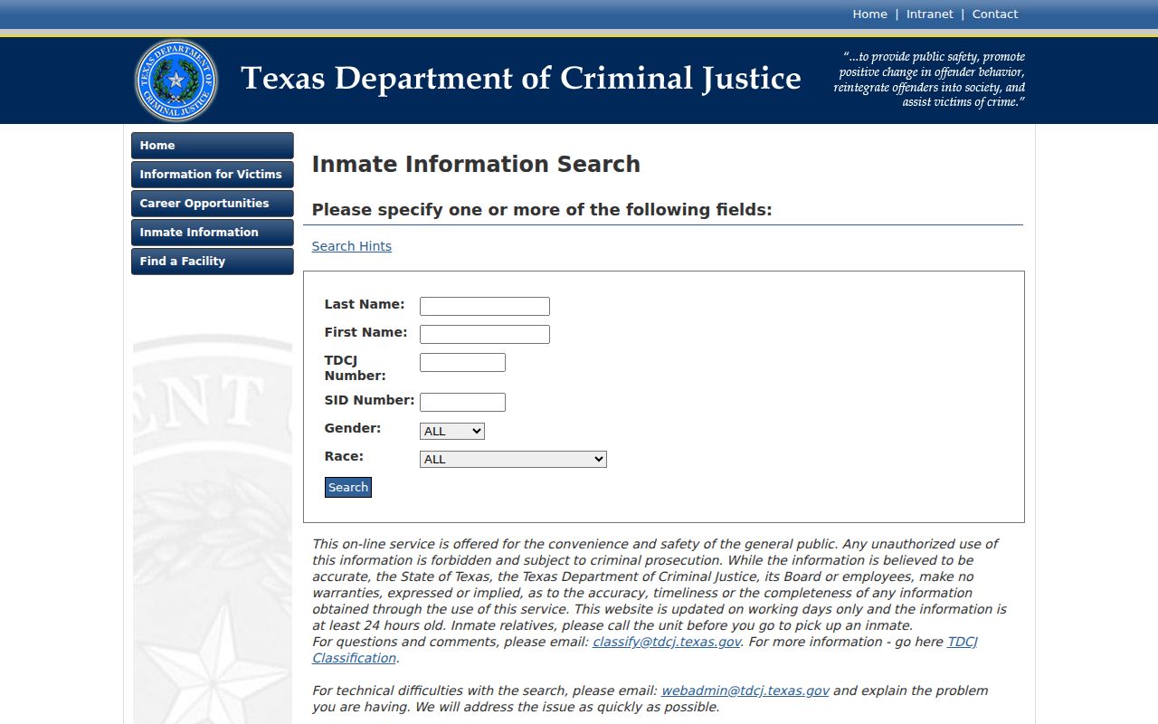 Hansford County arrest search using TDCJ inmate search fields