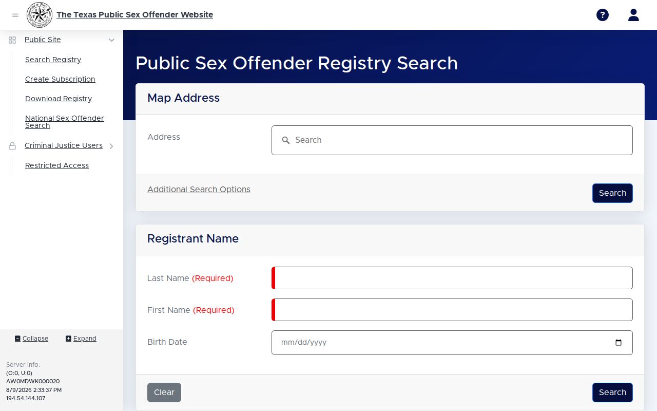 Hansford County sex offender lookup on the Texas registry search form