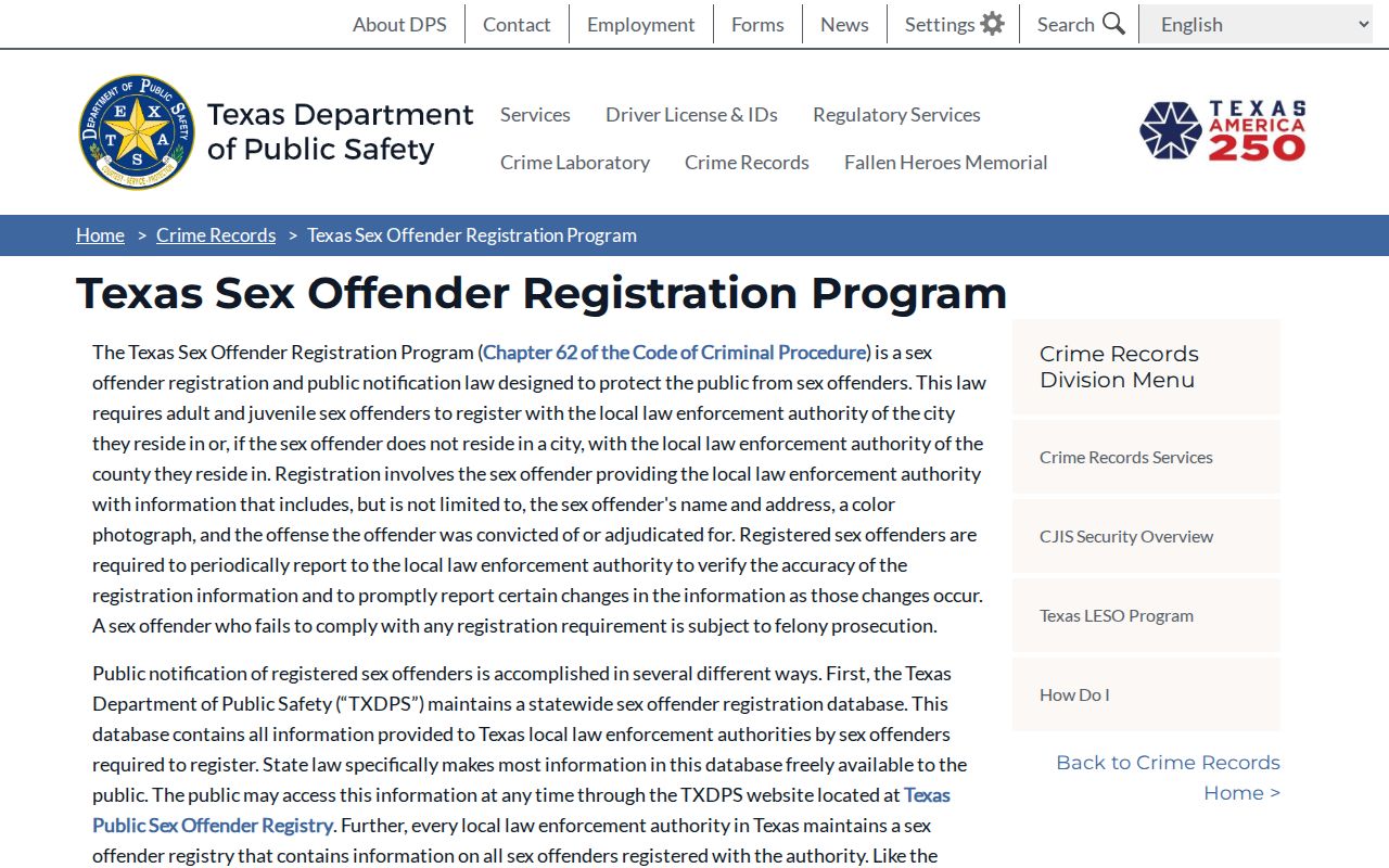 Hansford County sex offender registration program information from Texas DPS