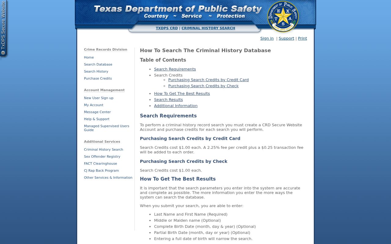 Hansford County criminal history DPS name search instructions